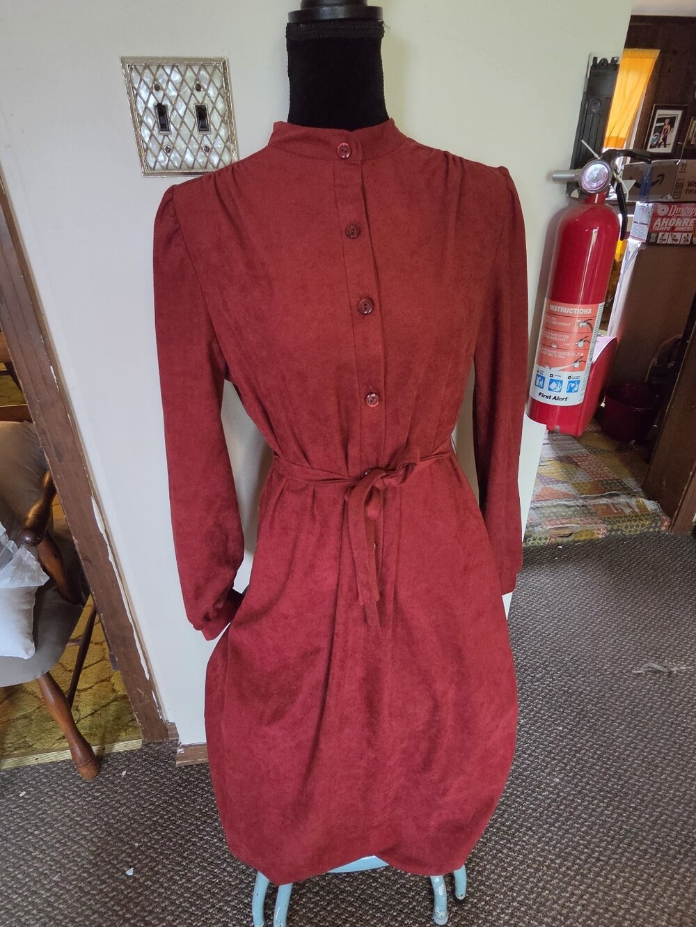 Vintage 70s Marty Gutmacher Faux Suede Midi Dress | Rust Burgundy Red Modest